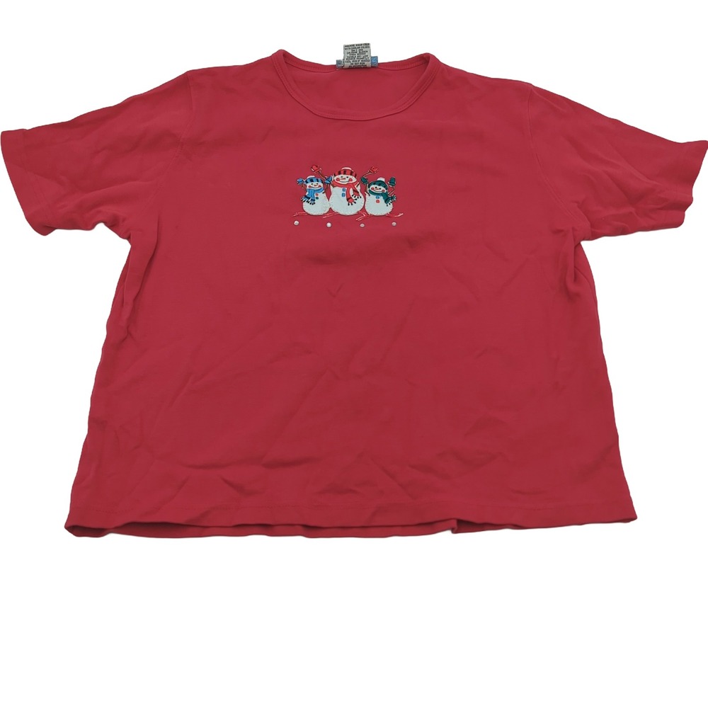 Las Olas Red Snowman Embroidered Rhinestone Cotton T-Shirt Womens Medium 6003